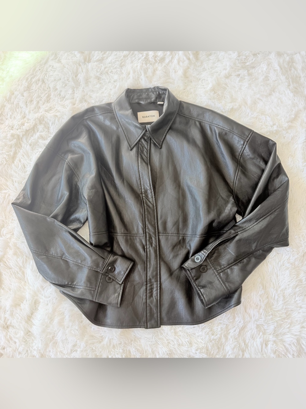 Babaton Black Faux Leather Button-Front Jacket with Classic Collar
